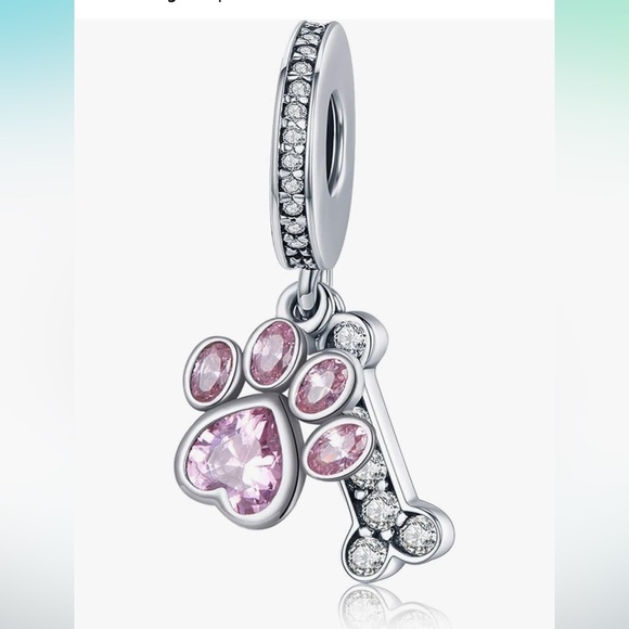 Pink Crystal puppy paw and silver bone sterling silver charm fits all Pandora - Picture 1 of 3